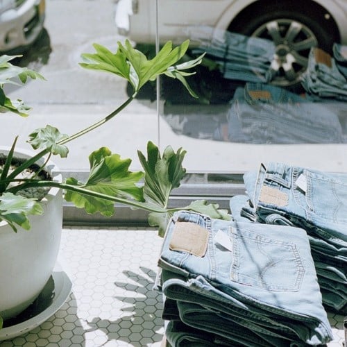 Stacks of folded denim jeans on a tiled surface beside a potted green plant in front of a shop window, with a parked car visible outside